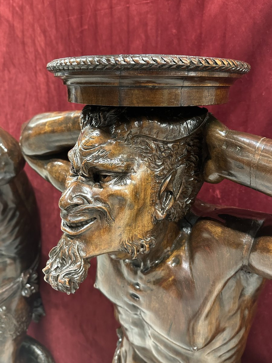 Pair Of Console Tables In The Shape Of Satyrs – Carved Wood, Late 19th Century-photo-3