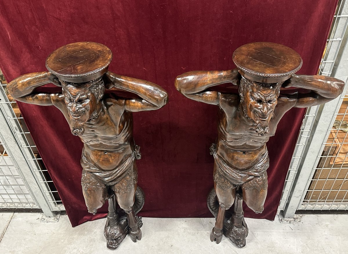 Pair Of Console Tables In The Shape Of Satyrs – Carved Wood, Late 19th Century-photo-2
