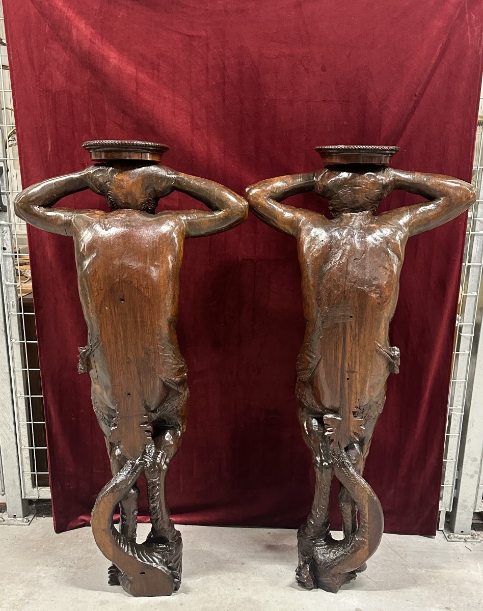 Pair Of Console Tables In The Shape Of Satyrs – Carved Wood, Late 19th Century-photo-4