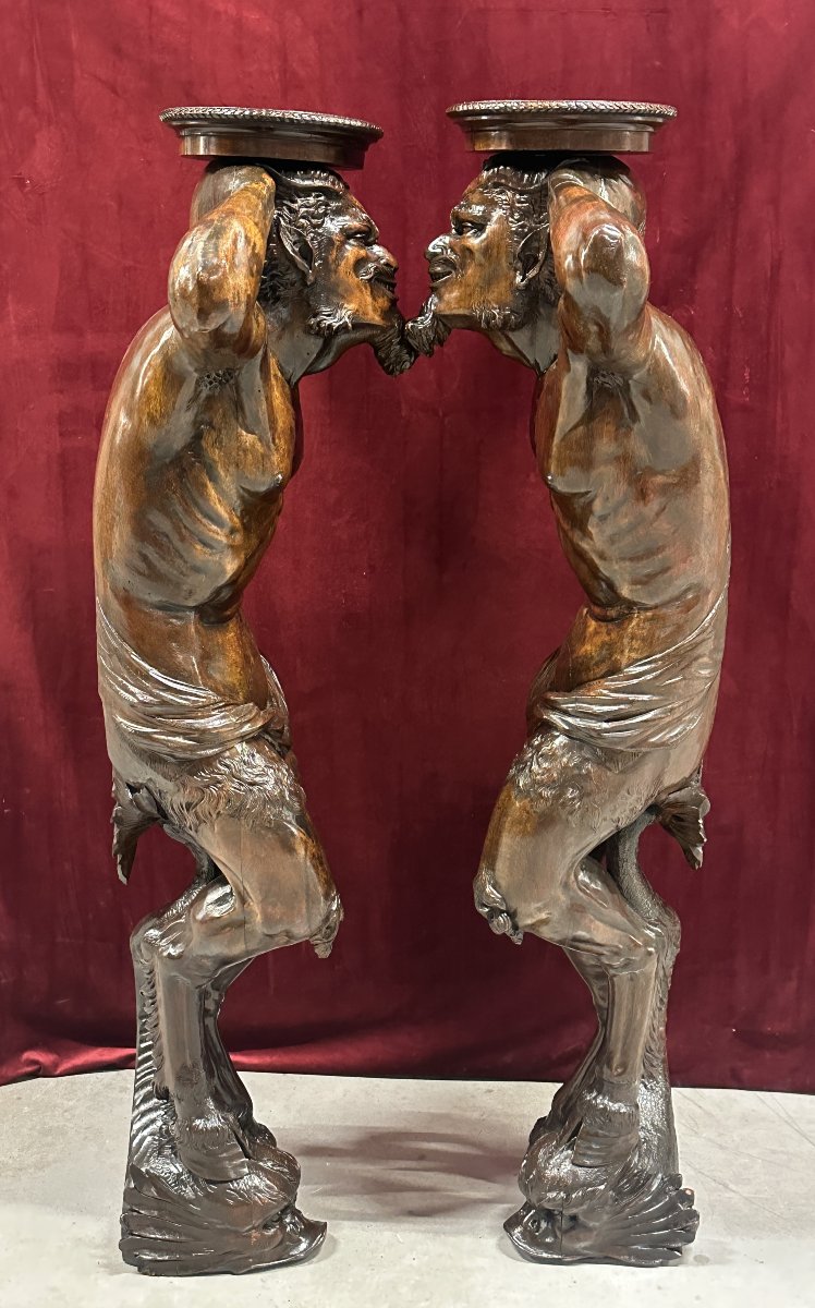 Pair Of Console Tables In The Shape Of Satyrs – Carved Wood, Late 19th Century-photo-6