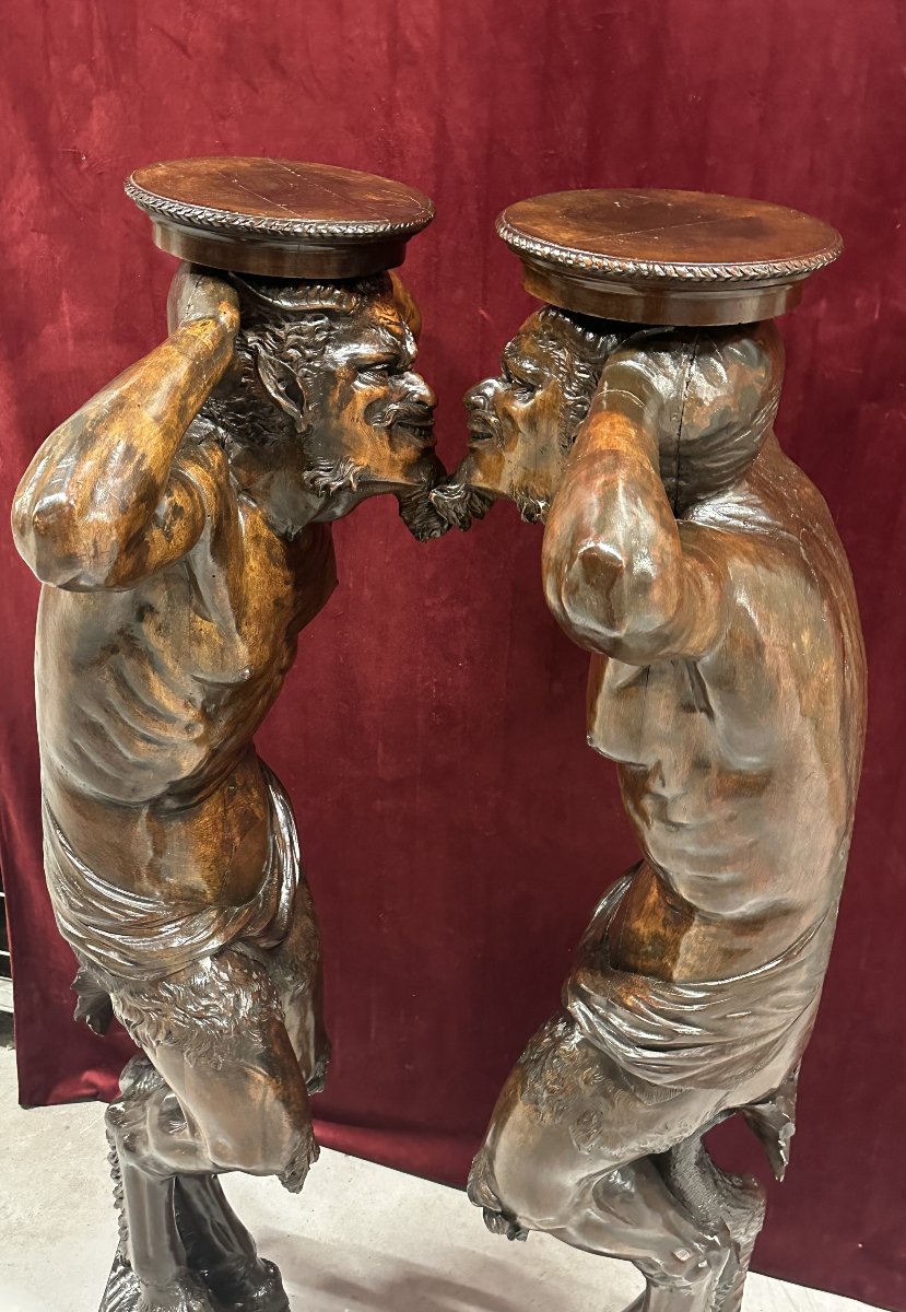 Pair Of Console Tables In The Shape Of Satyrs – Carved Wood, Late 19th Century-photo-7