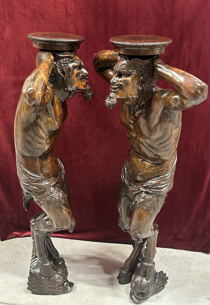 Pair Of Console Tables In The Shape Of Satyrs – Carved Wood, Late 19th Century