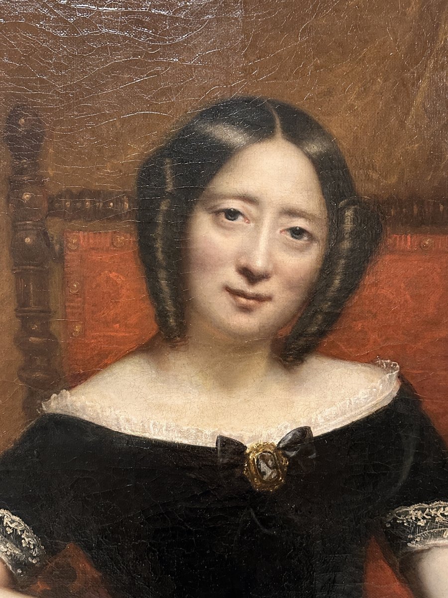 Grand Portrait de Femme, signé J. Braudin,  et daté 1843, Huile sur Toile-photo-3