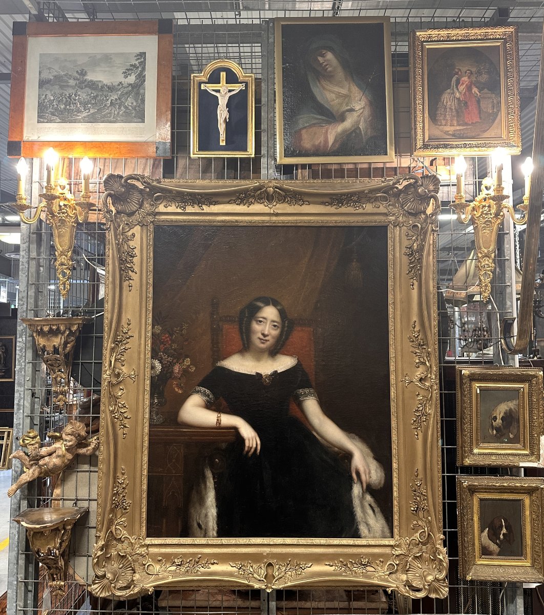 Grand Portrait de Femme, signé J. Braudin,  et daté 1843, Huile sur Toile-photo-1