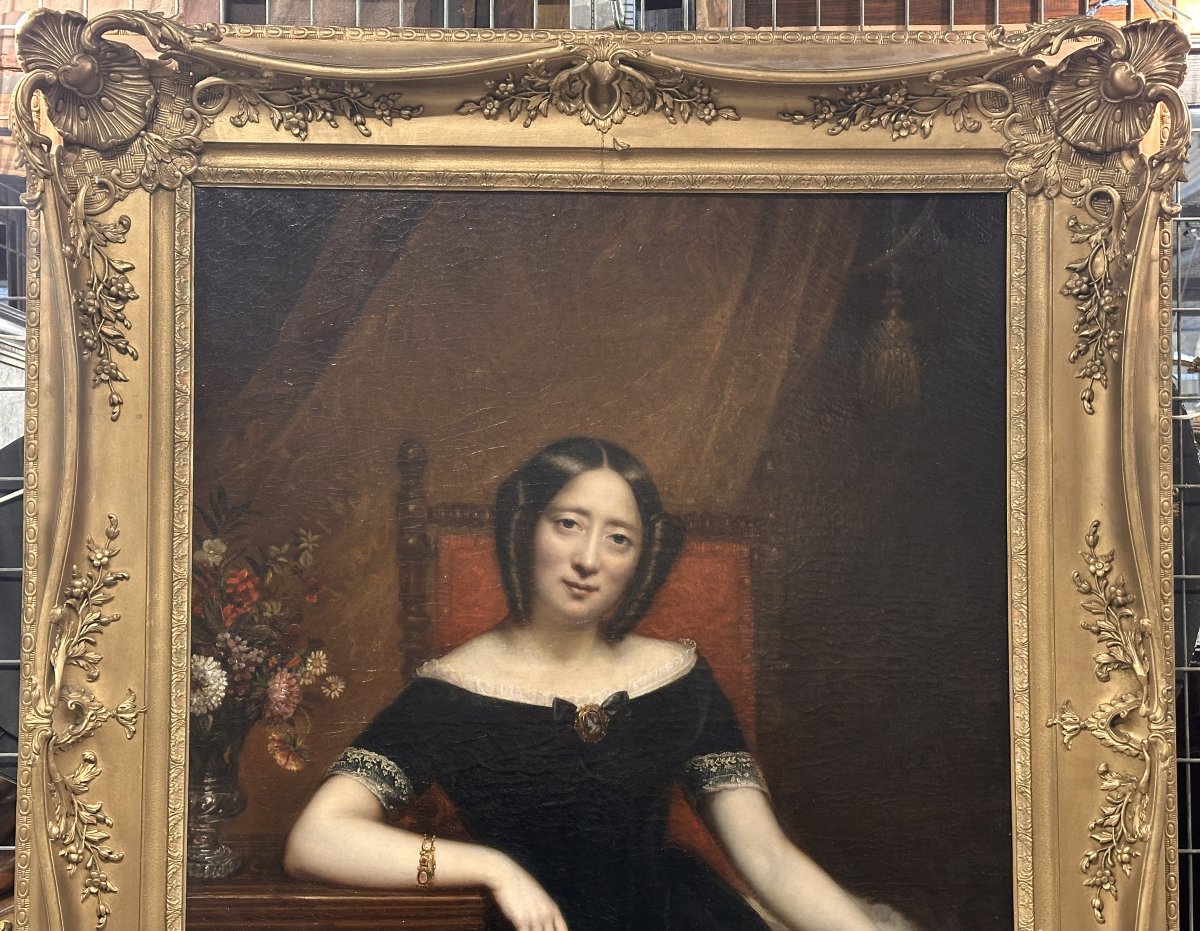 Grand Portrait de Femme, signé J. Braudin,  et daté 1843, Huile sur Toile-photo-6