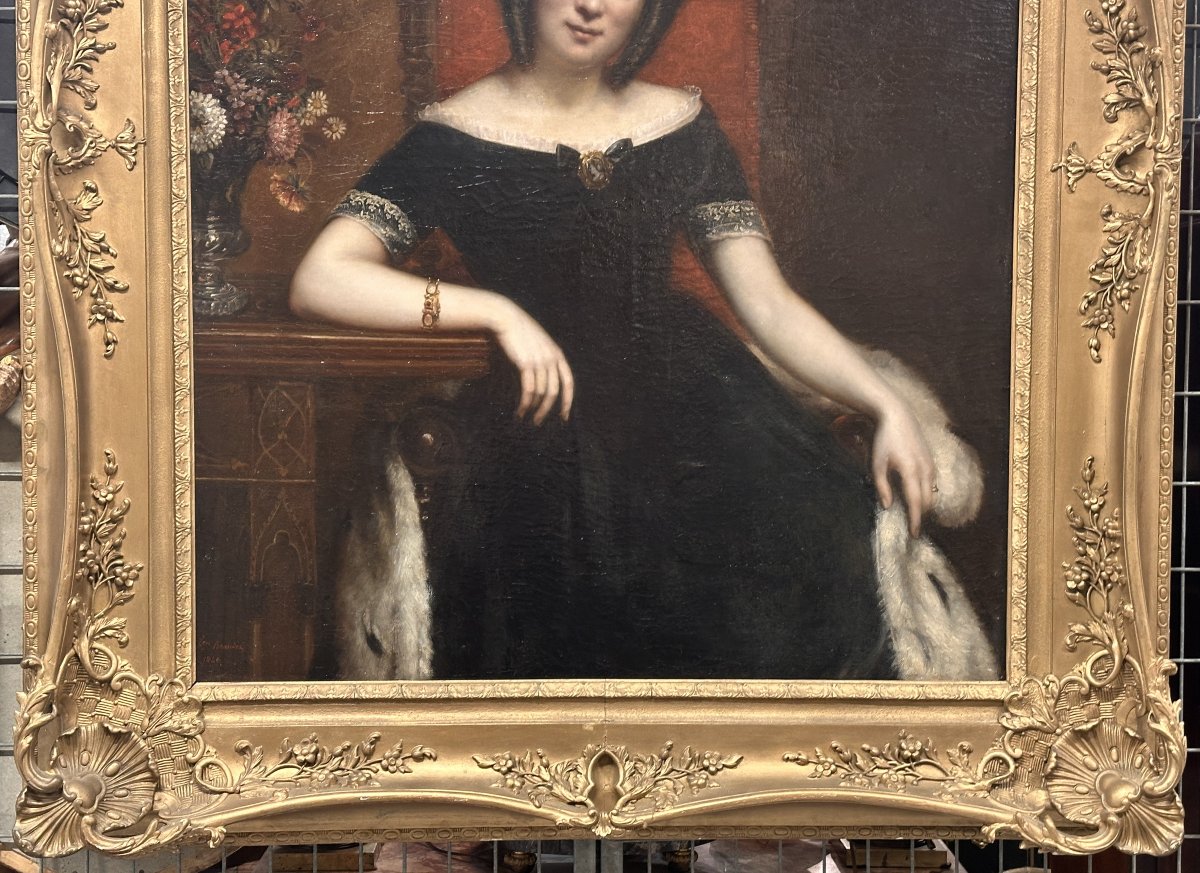 Grand Portrait de Femme, signé J. Braudin,  et daté 1843, Huile sur Toile-photo-7