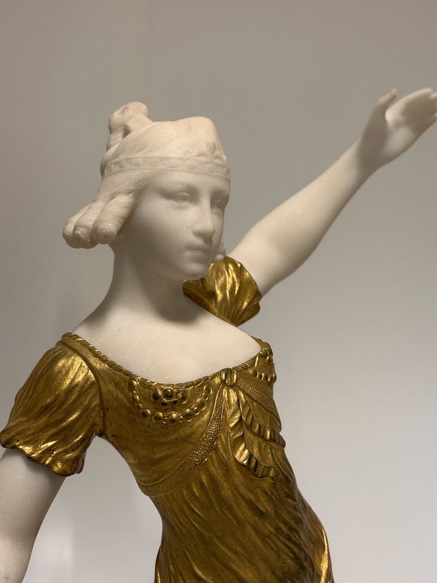 Figure en Chryselephantine "Danseuse" Art Déco en Bronze Doré et Marbre de Carrare, vers 1930-photo-4