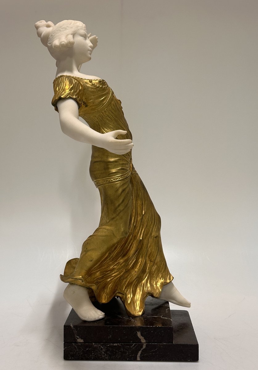 Figure en Chryselephantine "Danseuse" Art Déco en Bronze Doré et Marbre de Carrare, vers 1930-photo-1