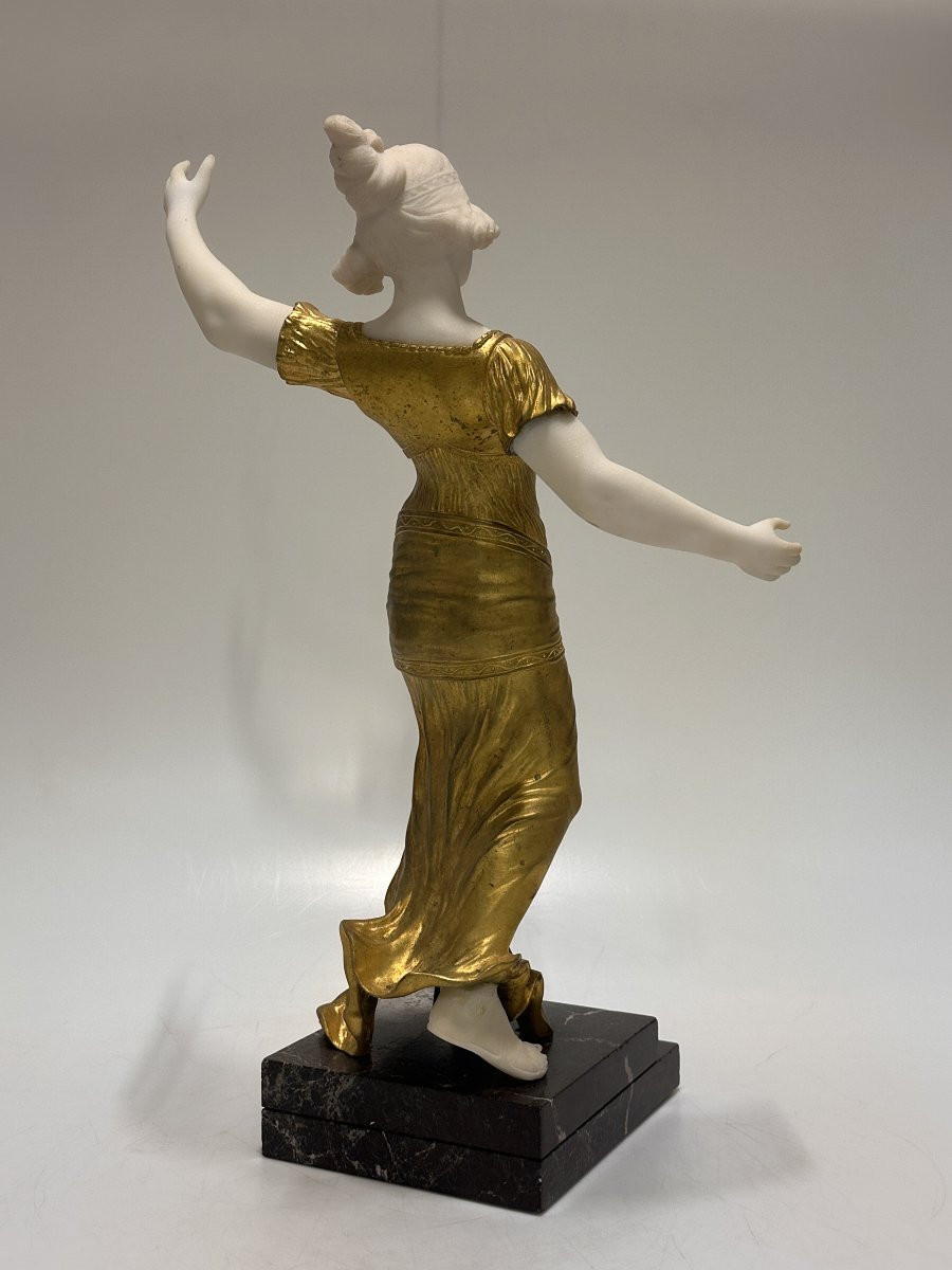 Figure en Chryselephantine "Danseuse" Art Déco en Bronze Doré et Marbre de Carrare, vers 1930-photo-3