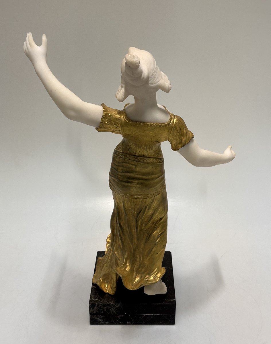 Figure en Chryselephantine "Danseuse" Art Déco en Bronze Doré et Marbre de Carrare, vers 1930-photo-5