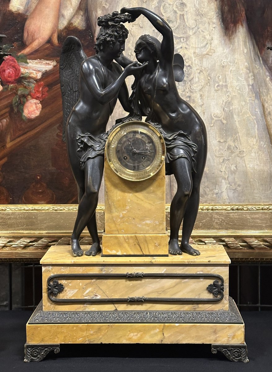 "cupid And Psyche" Clockset Patinated Bronze And Siena Marble, Charles X Period, Circa 1830-photo-2