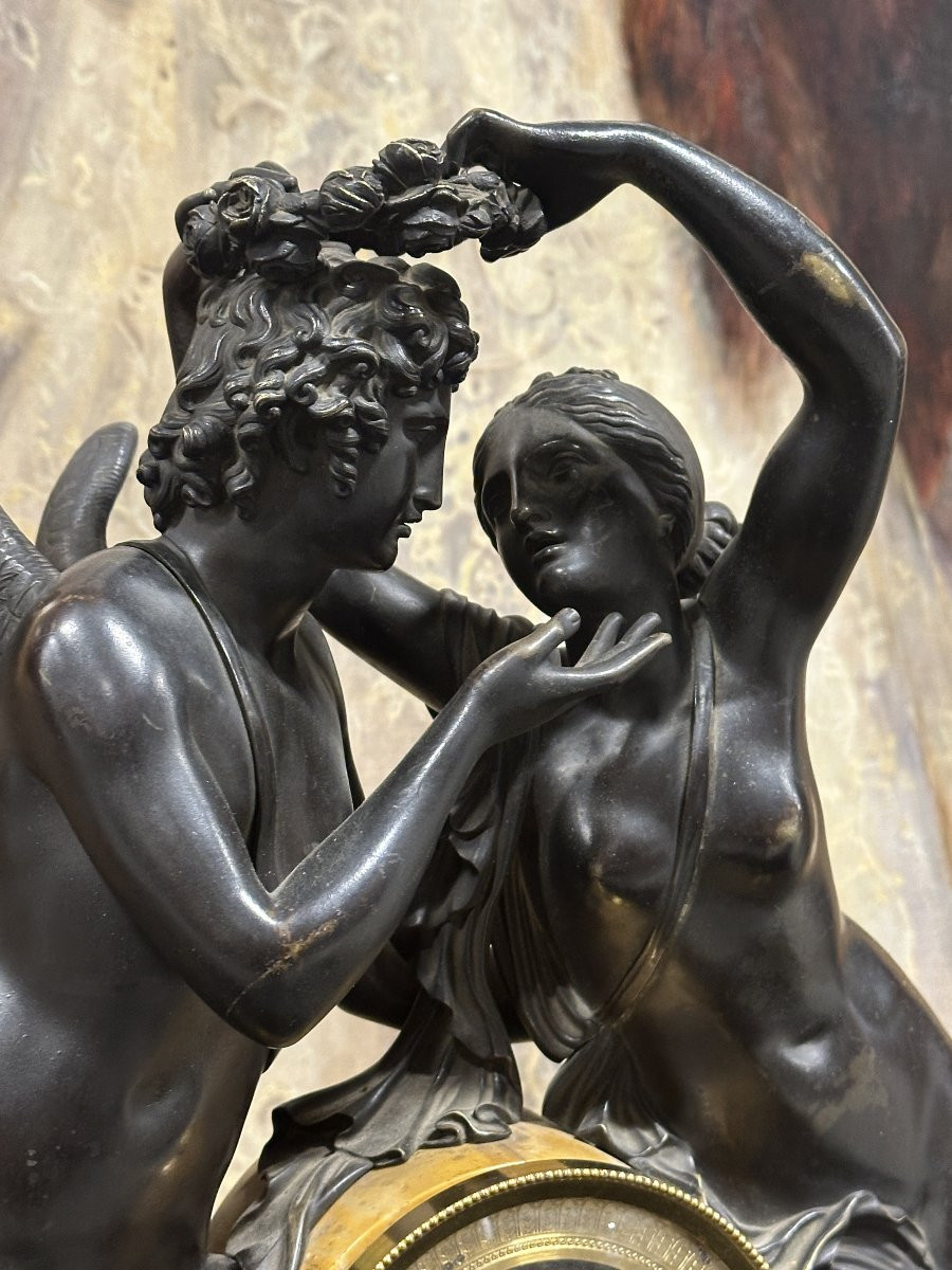 "cupid And Psyche" Clockset Patinated Bronze And Siena Marble, Charles X Period, Circa 1830-photo-3