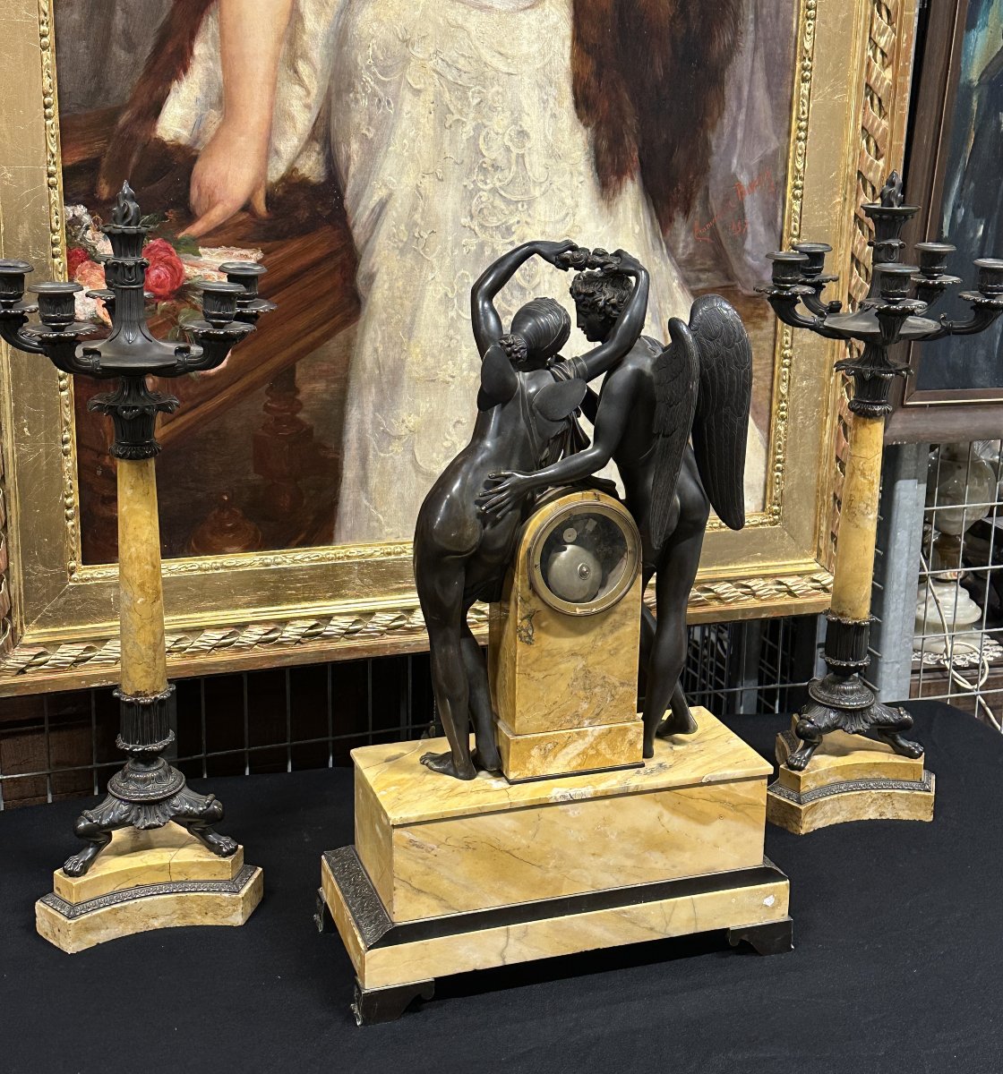 "cupid And Psyche" Clockset Patinated Bronze And Siena Marble, Charles X Period, Circa 1830-photo-4