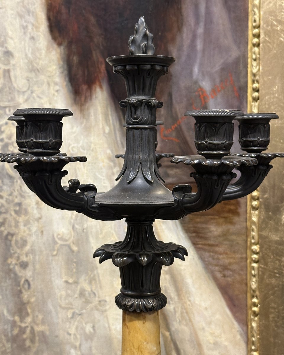 "cupid And Psyche" Clockset Patinated Bronze And Siena Marble, Charles X Period, Circa 1830-photo-1