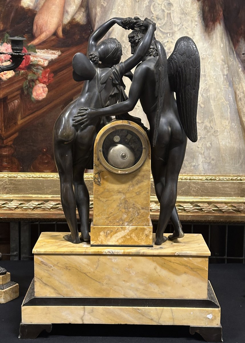 "cupid And Psyche" Clockset Patinated Bronze And Siena Marble, Charles X Period, Circa 1830-photo-5