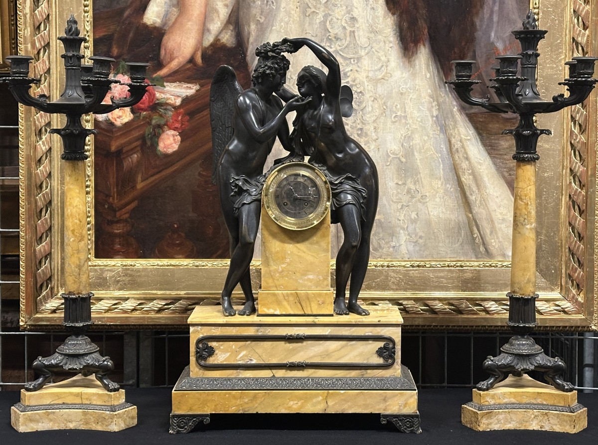 "cupid And Psyche" Clockset Patinated Bronze And Siena Marble, Charles X Period, Circa 1830