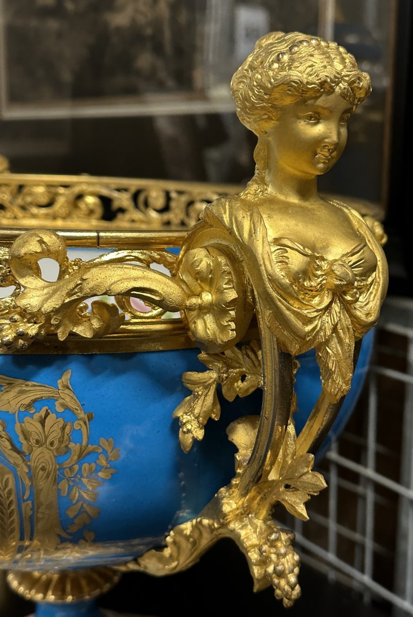 Large Sèvres Blue Porcelain And Gilded Bronze Mantel Set, Napoleon III 1870-photo-4