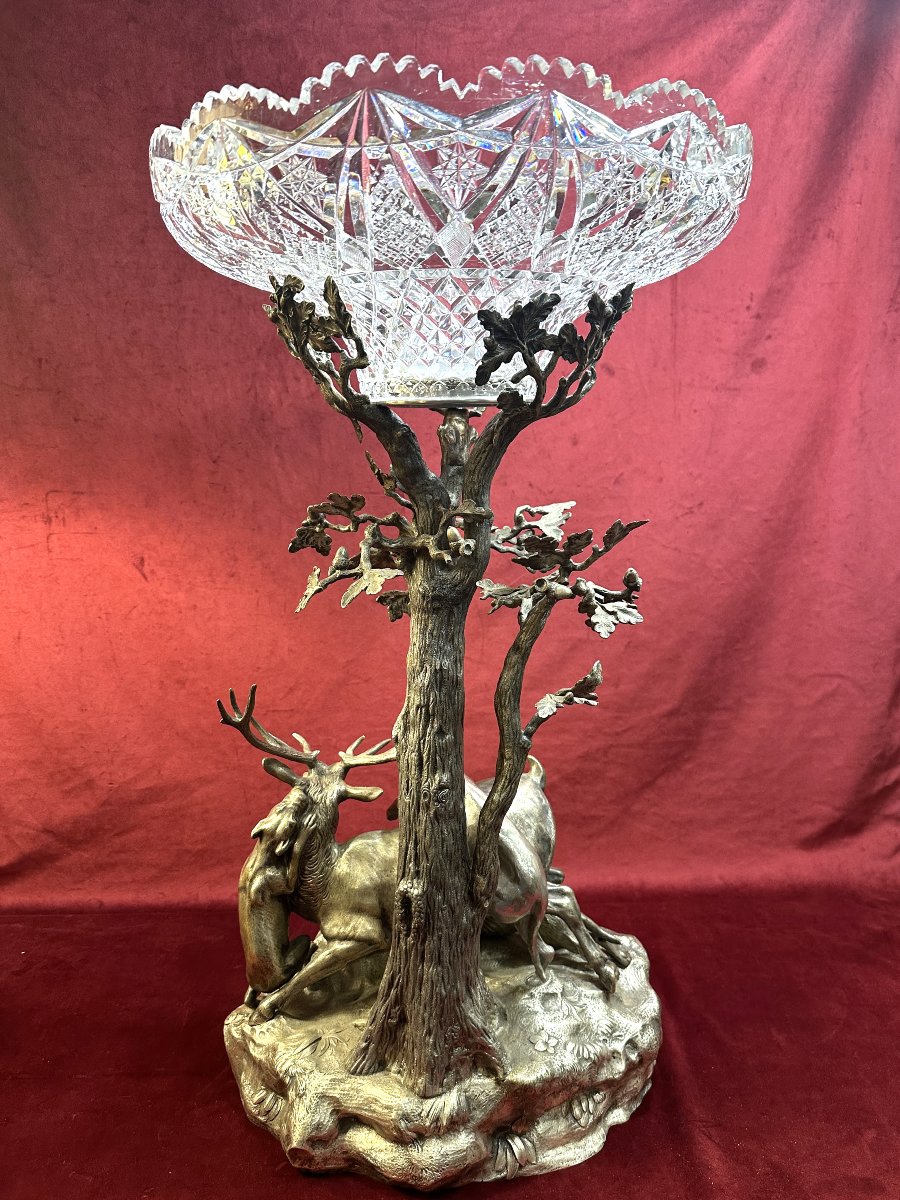 Grande Coupe de Chasse en Bronze Argenté et Cristal XIXe-photo-3