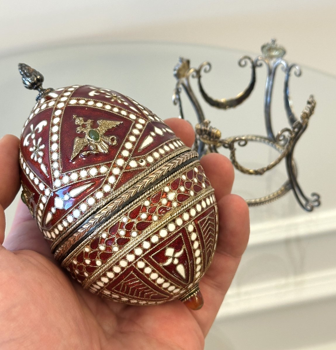 Silver Enamelled Egg, Fabergé-style, Signed -photo-2