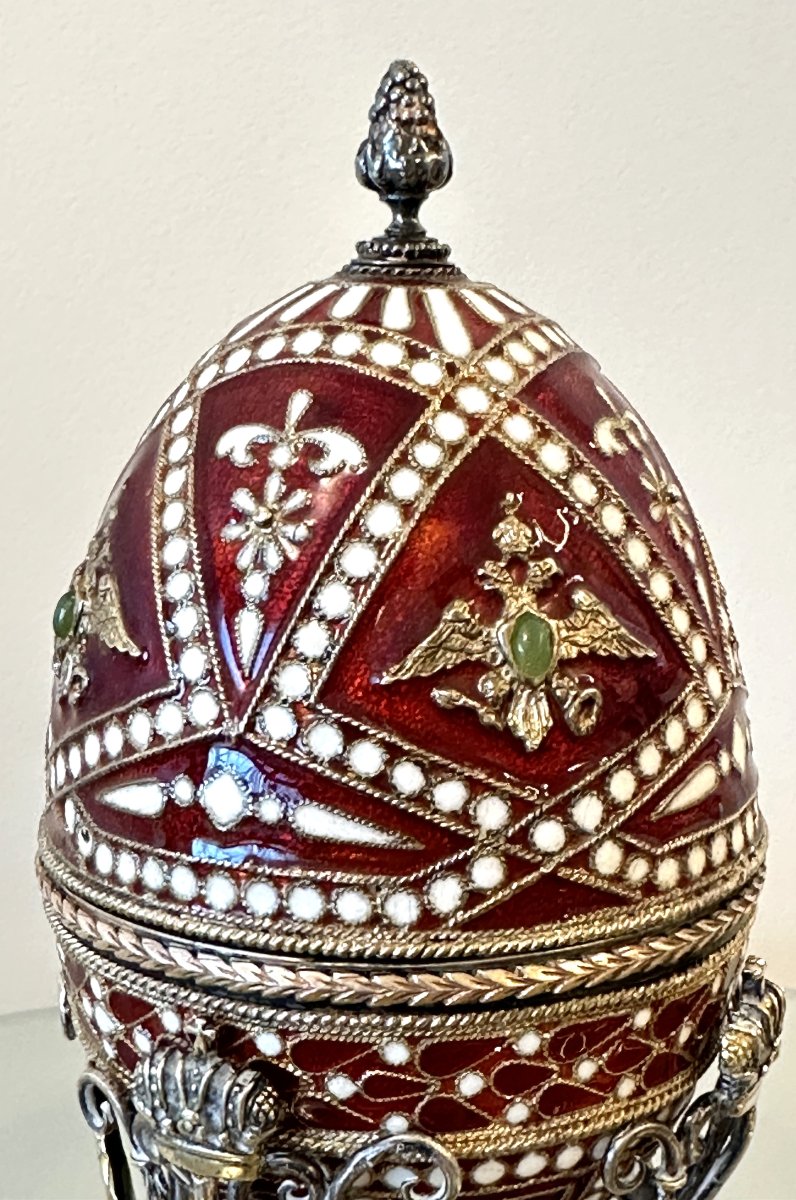 Silver Enamelled Egg, Fabergé-style, Signed -photo-1