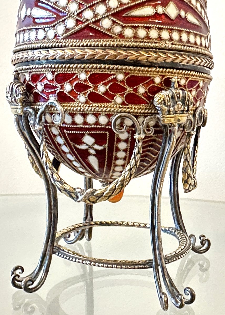 Silver Enamelled Egg, Fabergé-style, Signed -photo-2