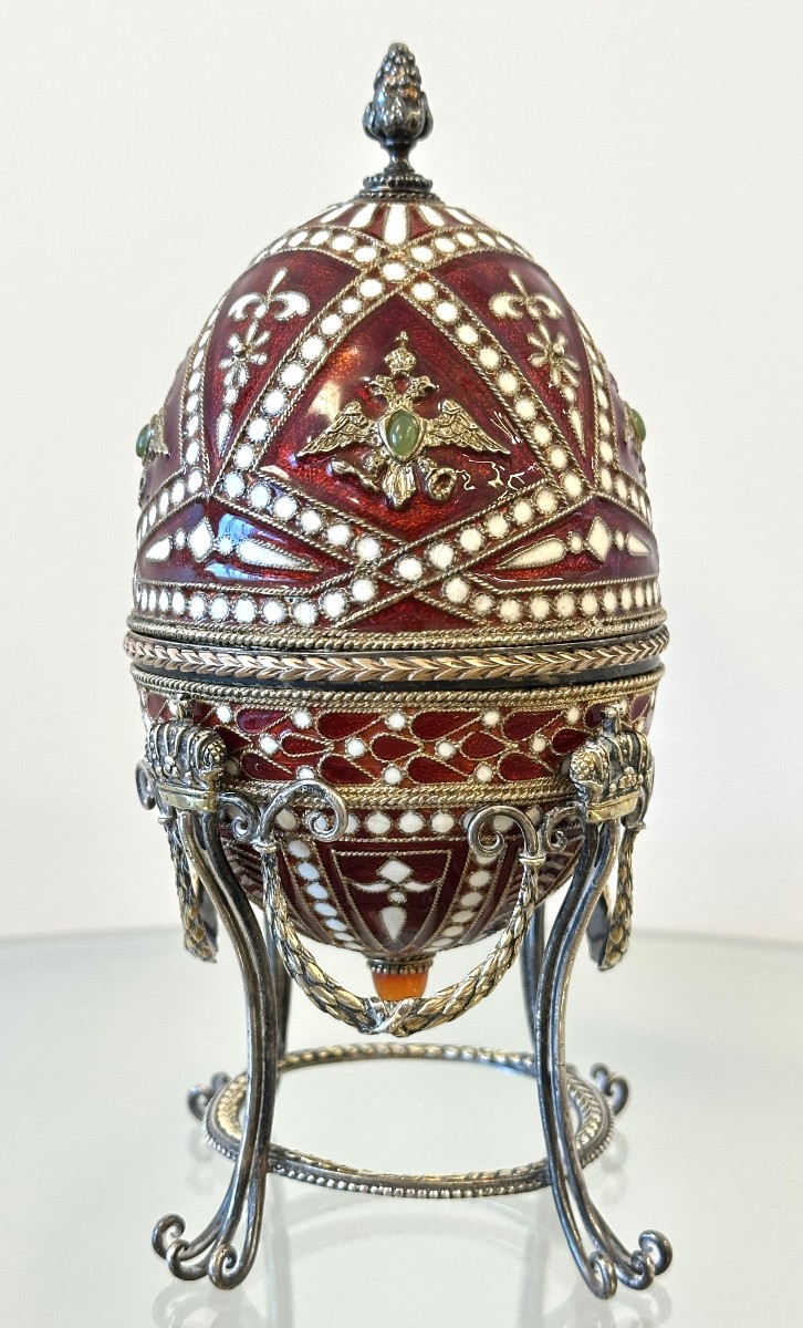 Silver Enamelled Egg, Fabergé-style, Signed 