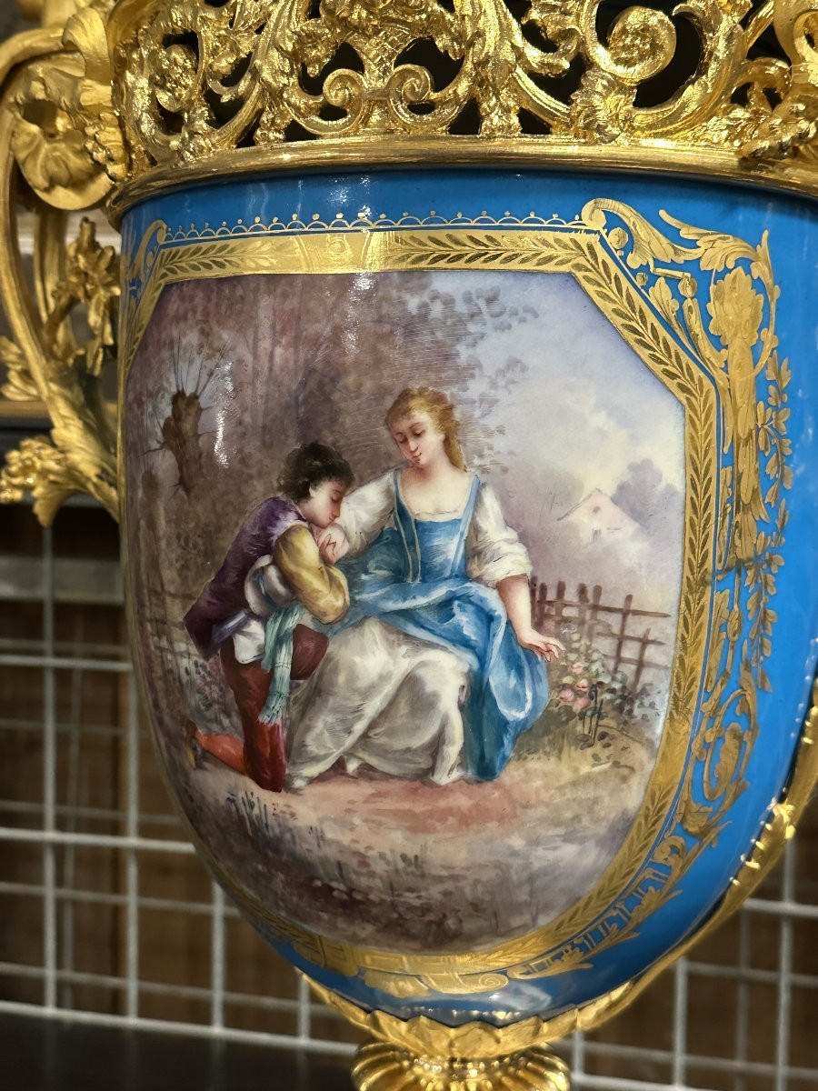 Grand Garniture de Cheminée en Porcelaine Sèvres Bleu et Bronze Doré, époque Napoléon III 1870-photo-2