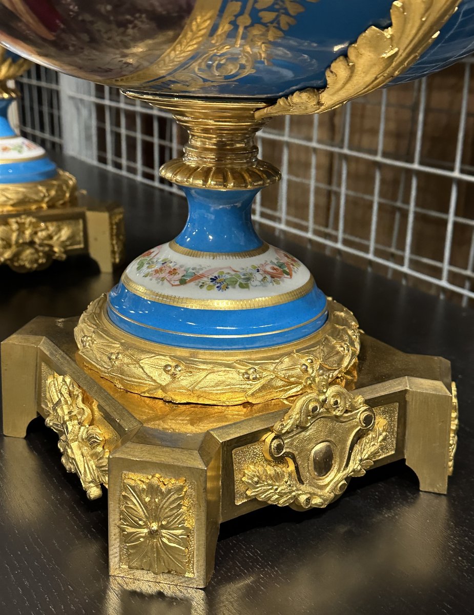 Grand Garniture de Cheminée en Porcelaine Sèvres Bleu et Bronze Doré, époque Napoléon III 1870-photo-3