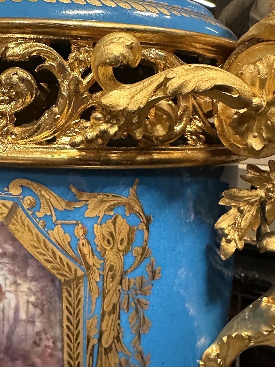 Grand Garniture de Cheminée en Porcelaine Sèvres Bleu et Bronze Doré, époque Napoléon III 1870-photo-4