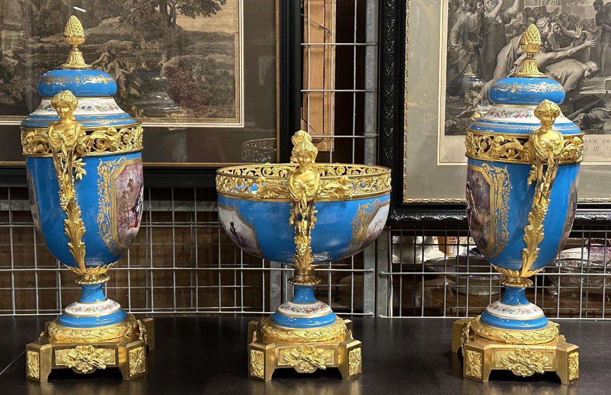 Grand Garniture de Cheminée en Porcelaine Sèvres Bleu et Bronze Doré, époque Napoléon III 1870-photo-6