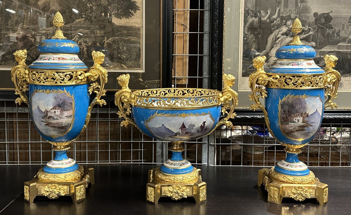 Grand Garniture de Cheminée en Porcelaine Sèvres Bleu et Bronze Doré, époque Napoléon III 1870-photo-7