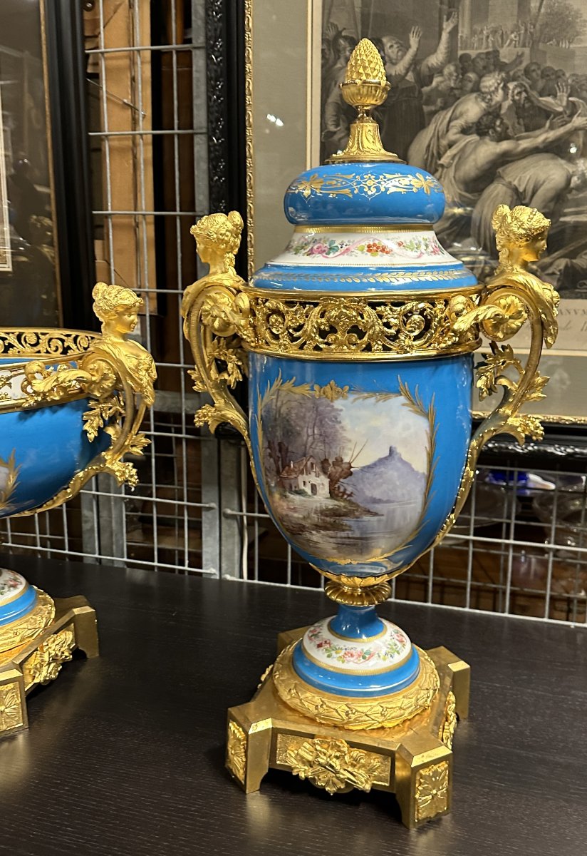 Grand Garniture de Cheminée en Porcelaine Sèvres Bleu et Bronze Doré, époque Napoléon III 1870-photo-8