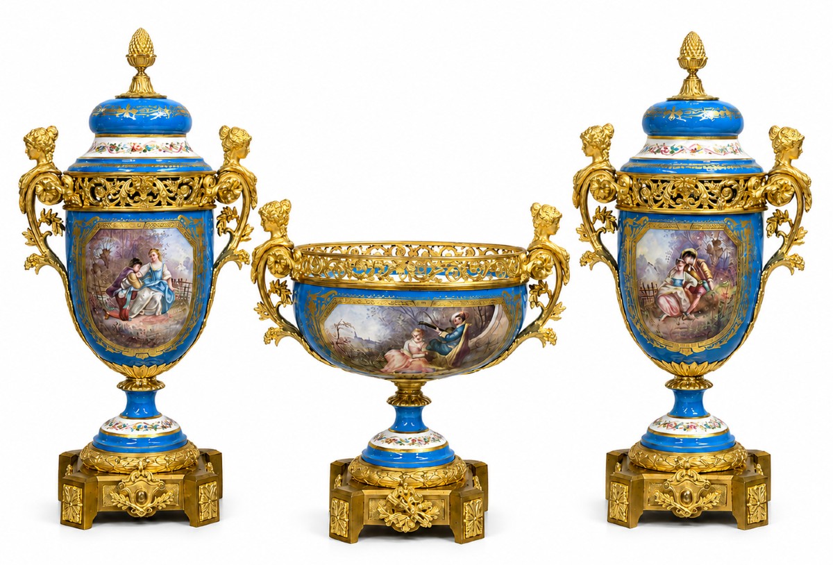 Grand Garniture de Cheminée en Porcelaine Sèvres Bleu et Bronze Doré, époque Napoléon III 1870