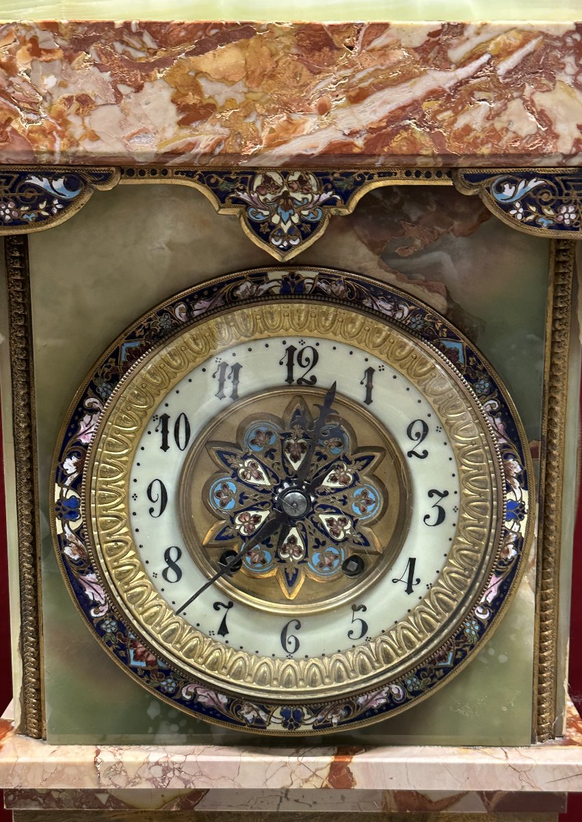 Important Pedestal Clock In Champlevé Enamel, Onyx, Marble, Late 19th Century-photo-2