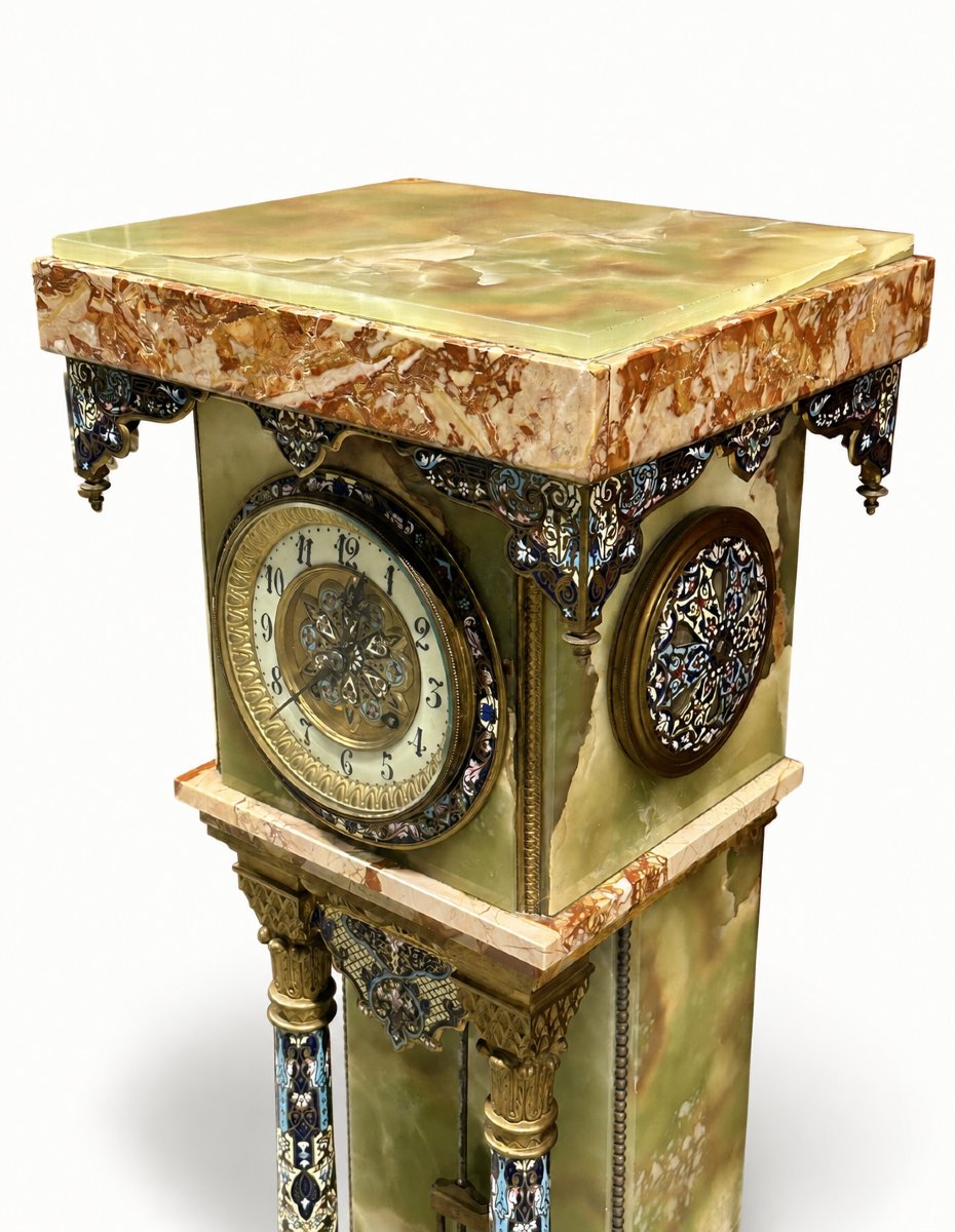 Important Pedestal Clock In Champlevé Enamel, Onyx, Marble, Late 19th Century-photo-3