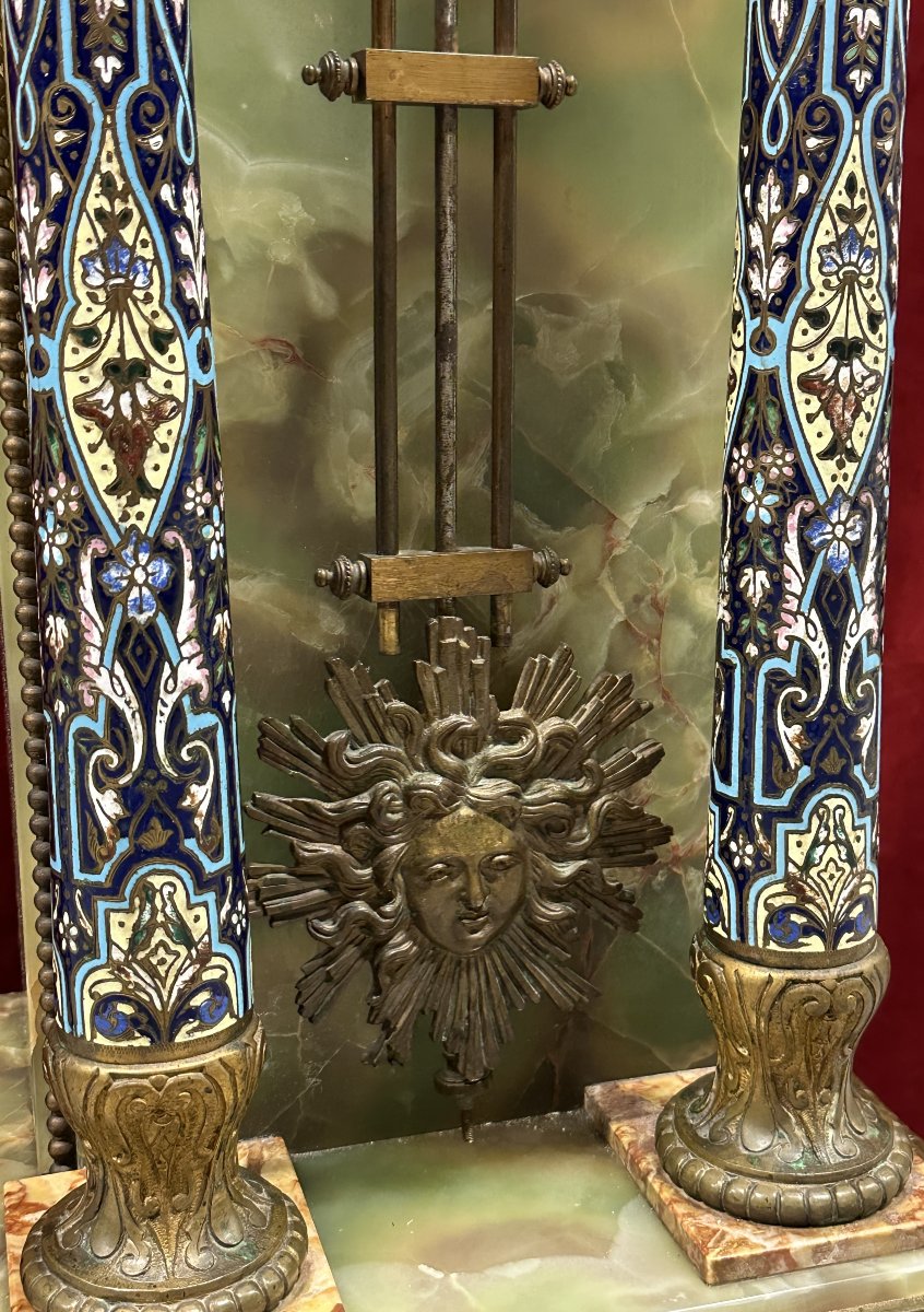 Important Pedestal Clock In Champlevé Enamel, Onyx, Marble, Late 19th Century-photo-4