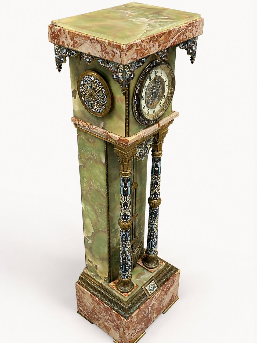 Important Pedestal Clock In Champlevé Enamel, Onyx, Marble, Late 19th Century-photo-1
