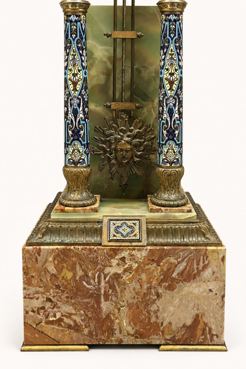 Important Pedestal Clock In Champlevé Enamel, Onyx, Marble, Late 19th Century-photo-2