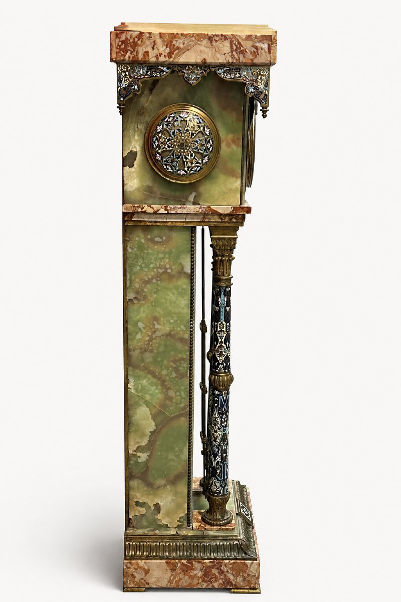 Important Pedestal Clock In Champlevé Enamel, Onyx, Marble, Late 19th Century-photo-3