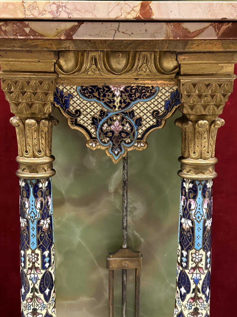Important Pedestal Clock In Champlevé Enamel, Onyx, Marble, Late 19th Century-photo-4