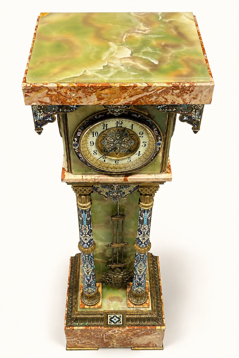 Important Pedestal Clock In Champlevé Enamel, Onyx, Marble, Late 19th Century-photo-5