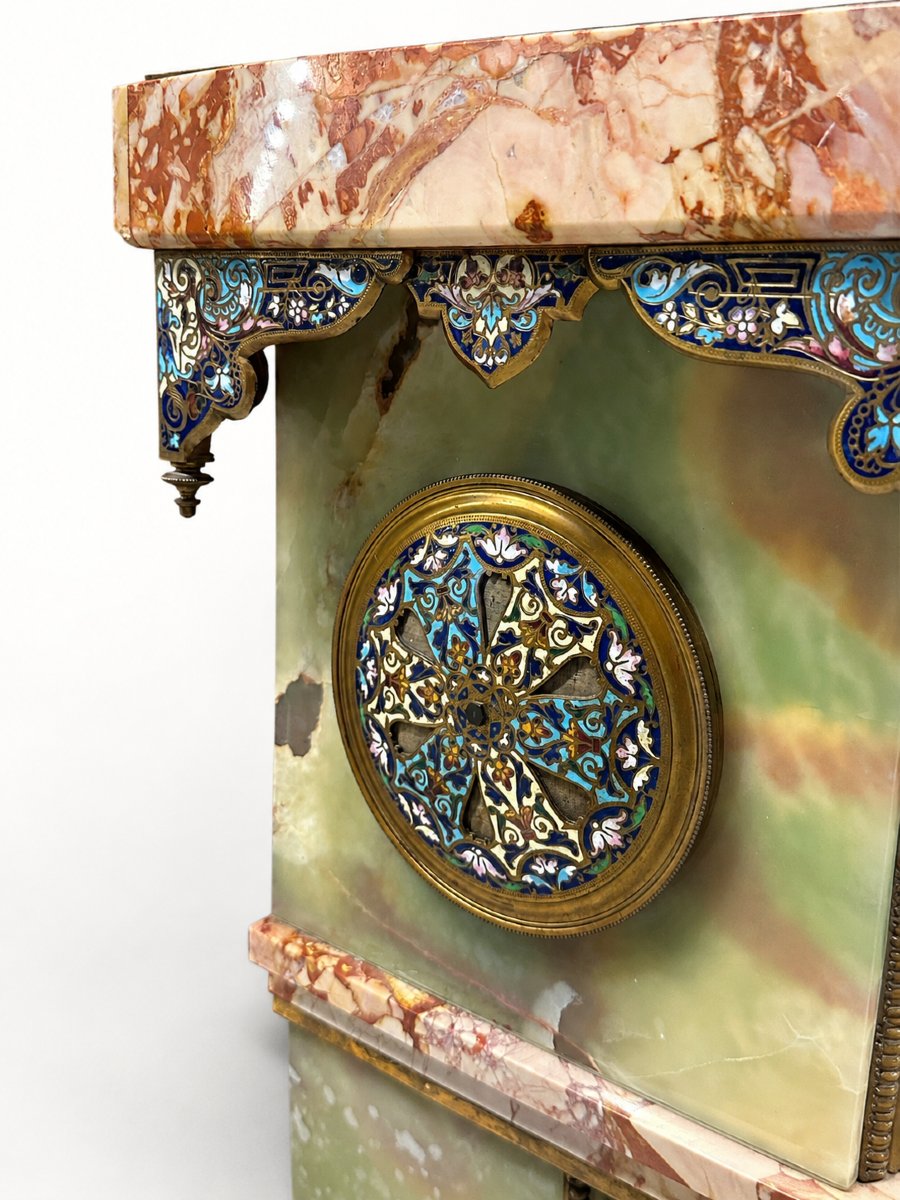 Important Pedestal Clock In Champlevé Enamel, Onyx, Marble, Late 19th Century-photo-6