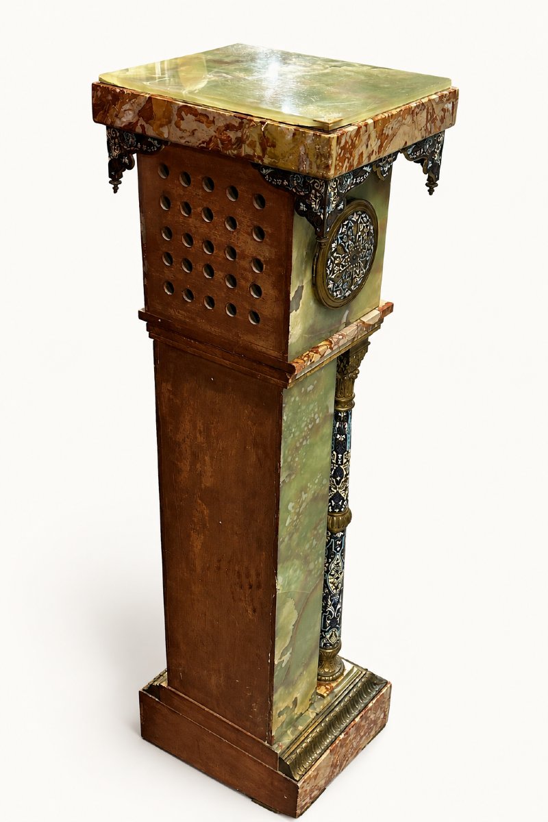 Important Pedestal Clock In Champlevé Enamel, Onyx, Marble, Late 19th Century-photo-8