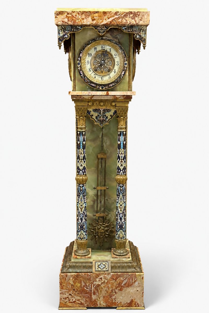 Important Pedestal Clock In Champlevé Enamel, Onyx, Marble, Late 19th Century