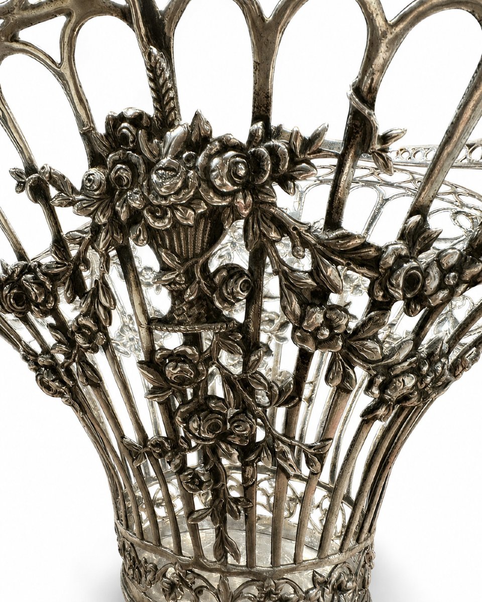 German Art Nouveau Openwork Silver .800 Basket-photo-3
