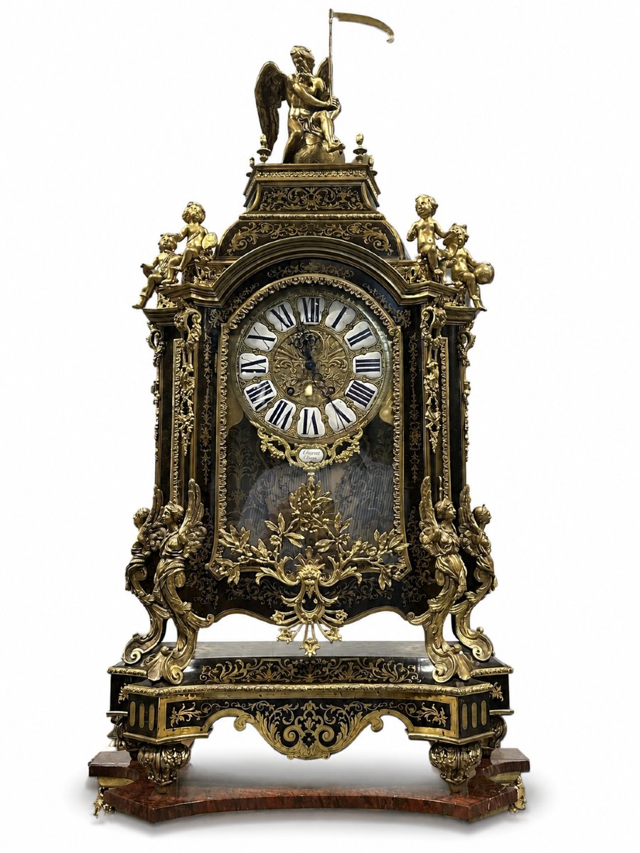 Importante Pendule Boulle Sur Gaine En Écaille Brune Et Bronze Doré, Signée Thuret Paris-photo-2