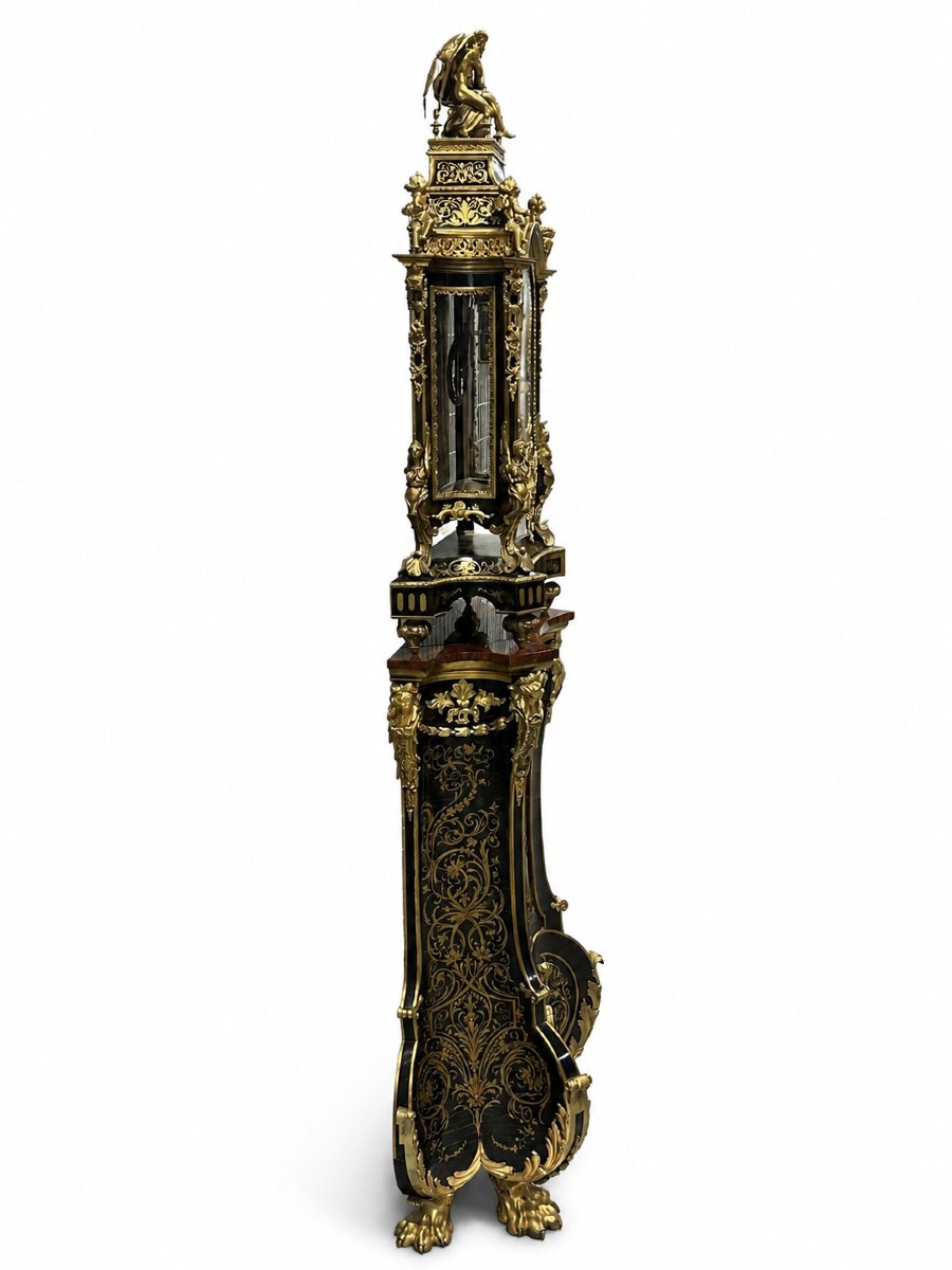 Importante Pendule Boulle Sur Gaine En Écaille Brune Et Bronze Doré, Signée Thuret Paris-photo-5