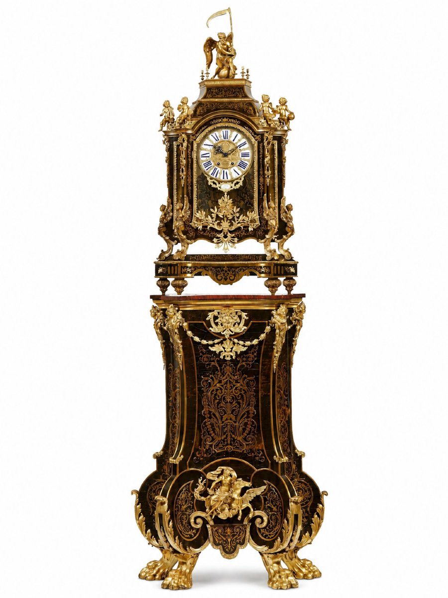 Importante Pendule Boulle Sur Gaine En Écaille Brune Et Bronze Doré, Signée Thuret Paris