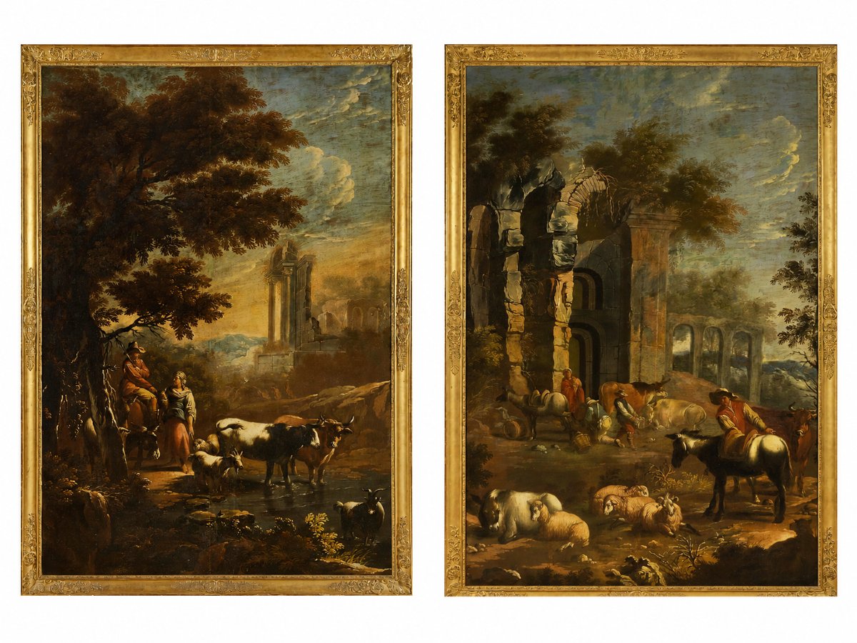 Paire de Grands Paysages Pastoraux à Ruines, Italie du Nord, fin du XVIIe