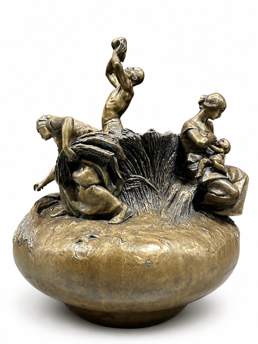 Antonin Larroux “Les Moissons” 1899 Grand vase  en Bronze Patiné-photo-4